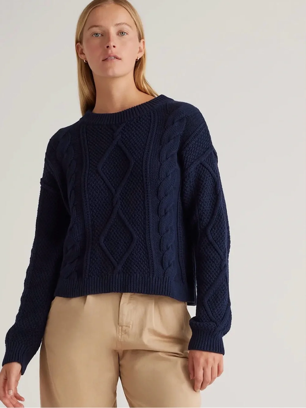 Quince 100% Organic Cotton Cropped Cable Crew Sweater‎ Size Large
